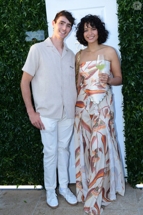 Exclusif - Vaimalama Chaves (Miss France 2019) et son fiancé Nicolas Fleury à la soirée Jardin Secret sur le rooftop de l'hôtel The Peninsula Paris le 7 juin 2023.© Rachid Bellak / Bestimage 