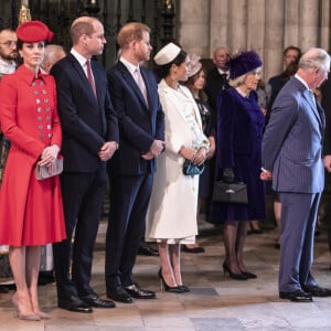 Le prince William, duc de Cambridge, Catherine (Kate) Middleton, duchesse de Cambridge, le prince Harry, duc de Sussex, et Meghan Markle, duchesse de Sussex, enceinte, le prince Charles, prince de Galles, et Camilla Parker Bowles, duchesse de Cornouailles, - La famille royale britannique à la messe en l'honneur de la journée du Commonwealth à l'abbaye de Westminster à Londres, Royaume Uni, le 11 mars 2019. 