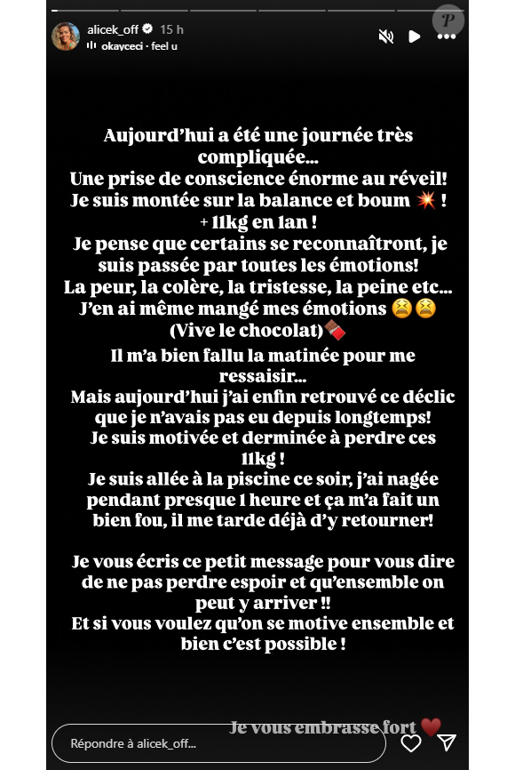 Sur Instagram, elle donne de ses nouvelles et révèle avoir pris 11 kilos.
Alice, candidate de "Mariés au premier regard".