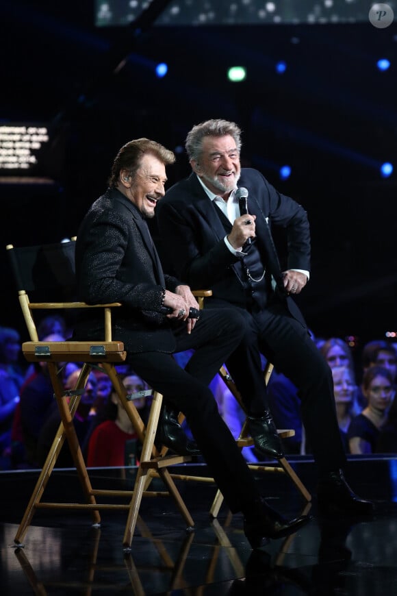 Exclusif - Eddy Mitchell et Johnny Hallyday - Enregistrement de l'émission Spécial Johnny Hallyday, "Johnny, la soirée événement", qui sera diffusée sur TF1 en prime-time le 20 décembre. 