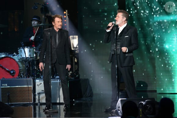 Exclusif - Eddy Mitchell et Johnny Hallyday - Enregistrement de l'émission Spécial Johnny Hallyday, "Johnny, la soirée événement", qui sera diffusée sur TF1 en prime-time le 20 décembre. 