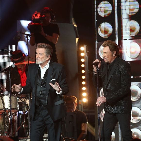 Exclusif - Eddy Mitchell et Johnny Hallyday - Enregistrement de l'émission Spécial Johnny Hallyday, "Johnny, la soirée événement", qui sera diffusée sur TF1 en prime-time le 20 décembre. 