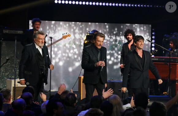 Exclusif - Eddy Mitchell, Johnny Hallyday, Thomas Dutronc et Yarol Poupaud - Backstage de l'enregistrement de l'émission Spécial Johnny Hallyday, "Johnny, la soirée événement", qui sera diffusée sur TF1 en prime-time le 20 décembre. 