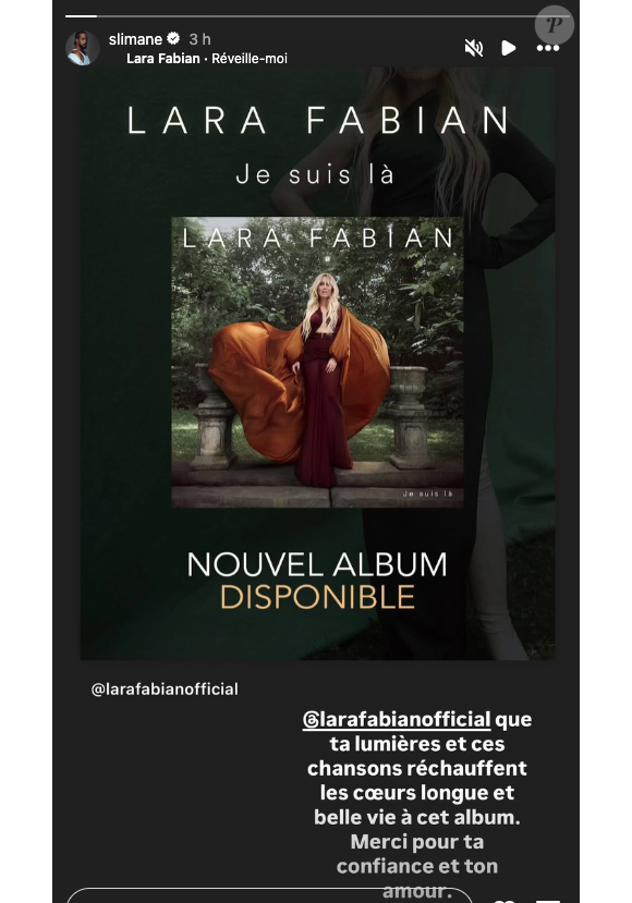 La chanteuse sort une nouvel album intitulé Je suis là

Story de Slimane en soutien à Lara Fabian le 29 novembre 2024. 
