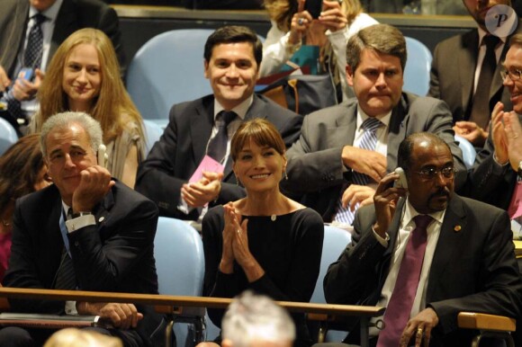 Carla Bruni à l'ONU pendant le discours de Nicolas Sarkozy, le 20 septembre 2010