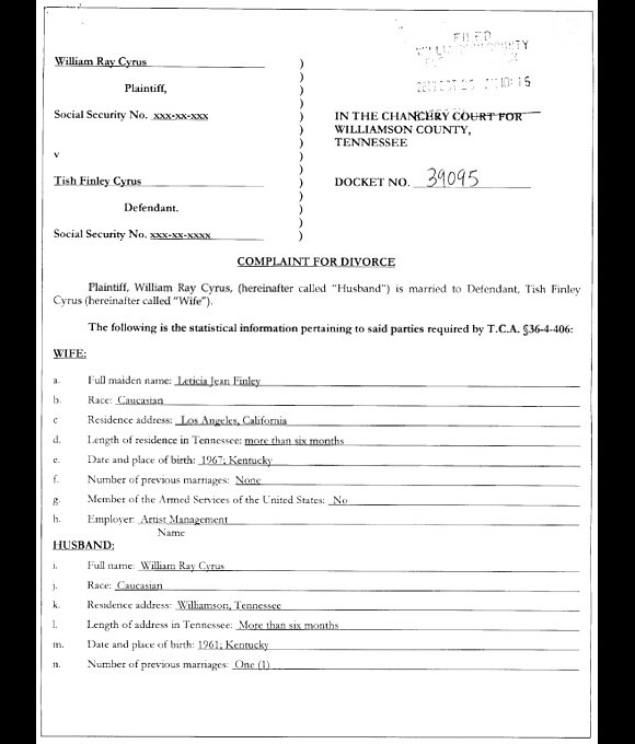 Document de procédure de divorce entre Billy Ray Cyrus et sa femme Tish en octobre 2010