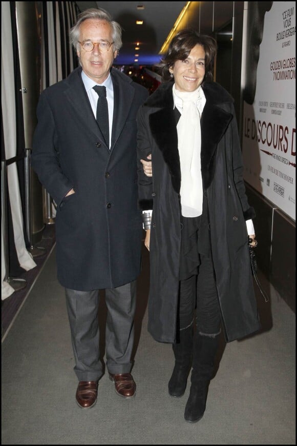 Christine Orban et son mari à la réception organisée à la résidence privée de l'Ambassadeur de Grande-Bretagne, à Paris, après la projection du Discours d'un Roi. 4/01/2011