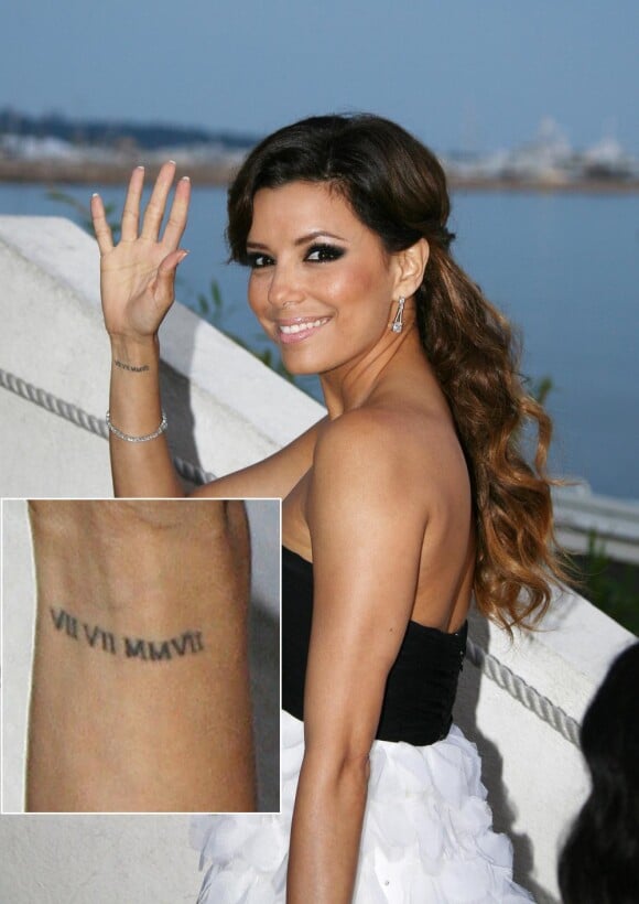 Eva Longoria et son tatouage soulignant la date de son mariage avec Tony Parker, le 7/07/2007. (Photo mai 2008 à Cannes)
