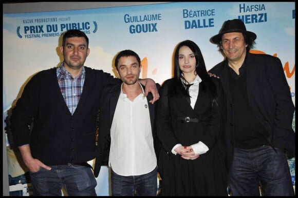 Teddy Lussi-Modeste, Guillaume Gouix, Béatrice Dalle et Serge Riaboukine, à l'occasion de l'avant-première de Jimmy Rivière, qui s'est déroulée à l'UGC Ciné-Cité des Halles, à Paris, le 7 mars 2011.