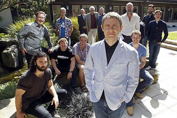 Martin Freeman et le casting de Bilbo Le Hobbit, à Wellington, en Nouvelle-Zélande, en février 2011.
