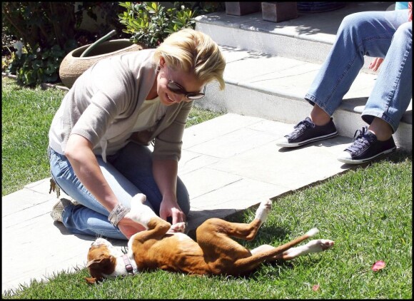 Katherine Heigl s'amuse avec un adorable chien en attendant sa maman à Pasadena, le 14 avril 2011