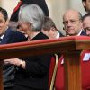 Le premier ministre François Fillon et sa feme Pénélope, le ministre des affaires étrangères Alain Juppé et le ministre de l'intérieur Claude Guéant lors de la cérémonie de béatification du pape Jean-Paul II à Rome le 1er mai 2011
