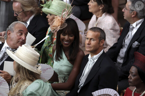 Naomi campbell et Vladimir Doroni attendent le début de la  cérémonie religieuse du mariage du prince Albert et de  Charlene Wittstock, à Monaco, le 2 juillet 2011