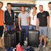 Camille Lacourt, Florent Manaudou, Fabien Gilot, Frédérick Bousquet, William Meynard et Grégory Mallet au départ de Marseille pour les Mondiaux de Shanghai, en juillet 2011, avec leurs valises Tumi.