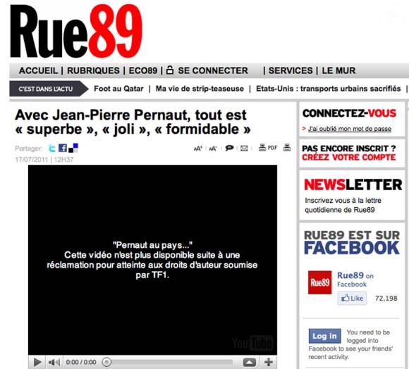 Jean-Pierre Pernaut au pays des merveilles, un montage réalisé par Rue89 qu'a fait interdire TF1 sur Youtube.... mais pas encore Dailymotion.