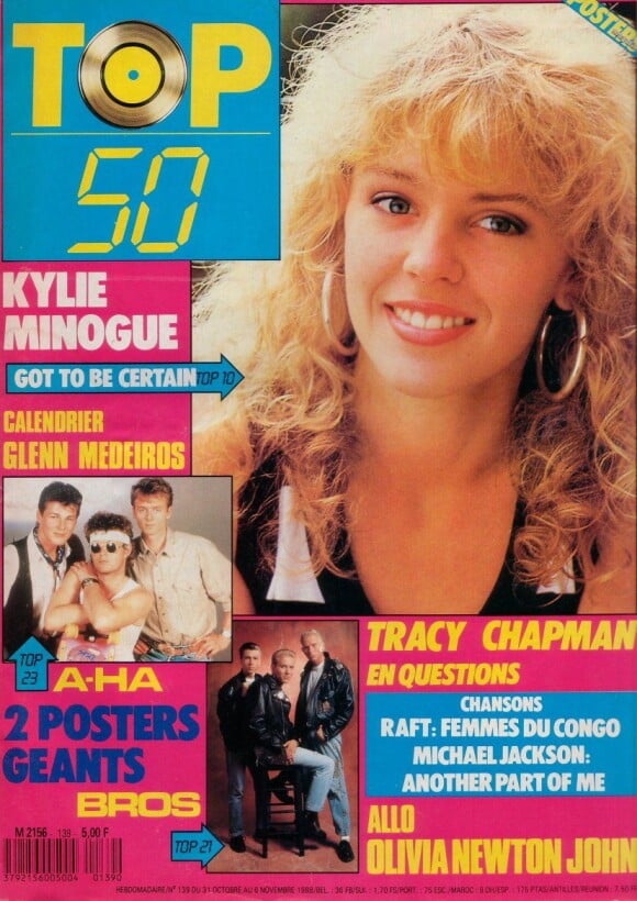 Kylie Minogue arborait une chevelure très dense sur cette couverture du magazine TOP 50. Octobre 1988.
