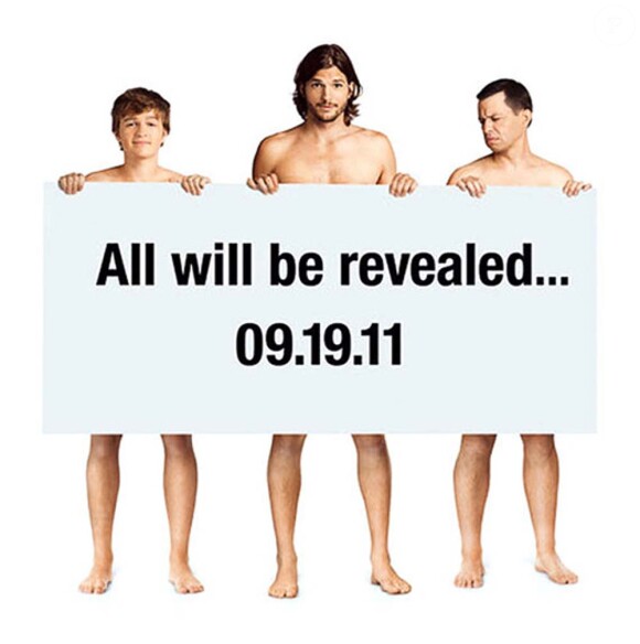 Affiche promo pour la saison 9 de Two and a half men (Mon oncle Charlie, en français) avec Angus T. Jones, Ashton Kutcher et Jon Cryer, septembre 2011.