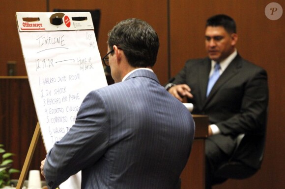 Troisième jour du procès du docteur Conrad Murray, accusé d'homicide involontaire sur Michael Jackson, à Los Angeles le 29 septembre 2011 - ici Ed Chernoff face à Alberto Alvarez