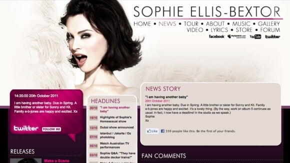 Sophie Ellis-Bextor a annoncé le 20 octobre 2011 sur son site Internet qu'elle attendait son troisième enfant.