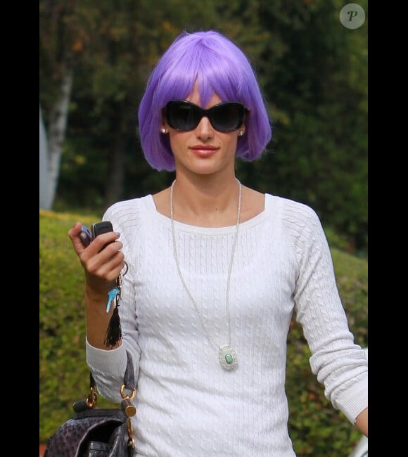 Alessandra Ambrosio : même avec les cheveux violets, c'est un vrai canon lorsqu'elle accompagne sa fille Anja à une fête d'Halloween chez des amis à Los Angeles le 30 octobre 2011