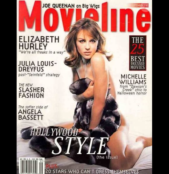 Nue sous un manteau de fourrure, la superbe Elizabeth Hurley fait la couverture de MovieLine. Septembre 1998.