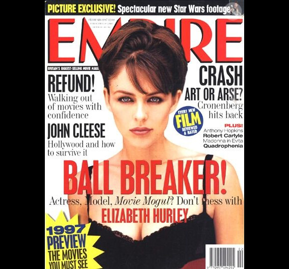 L'actrice et model Elizabeth Hurley, en Une du magazine Empire. Février 1997.