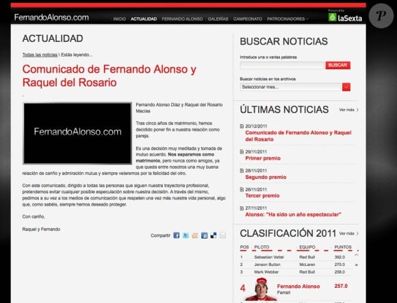 Communiqué de Fernando Alonso et Raquel del Rosario sur le site officiel du pilote espagnol, annonçant leur séparation, le 20 décembre 2011.