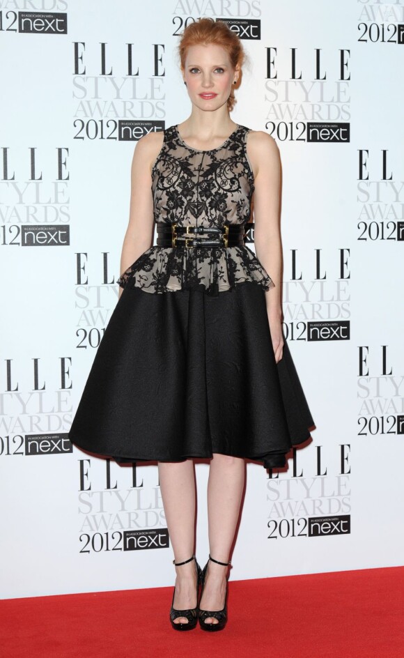Jessica Chastain était entièrement habillée par Alexander McQueen lors des Elle Style Awards 2012 à Londres, le 13 janvier 2012.