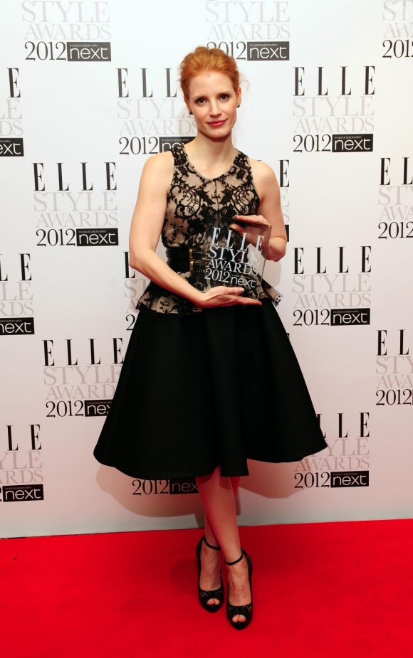 Jessica Chastain, entièrement habillée par Alexander McQueen, a remporté l'award de Next Future Icon lors des Elle Style Awards 2012 à Londres, le 13 janvier 2012.