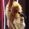 Rihanna en pleine performance de son tube We Found Love sur la scène de l'O2 Arena lors des Brit Awards 2012.