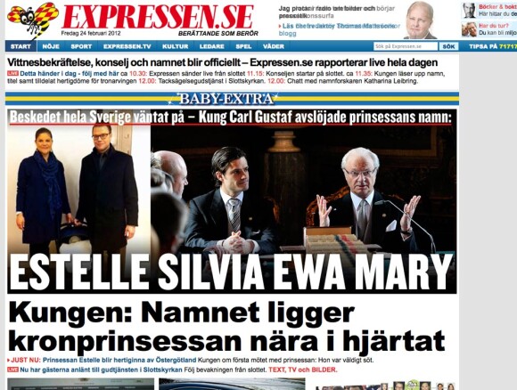 La princesse  Estelle Silvia Ewa Mary de Suède est à la une de la presse suédoise.