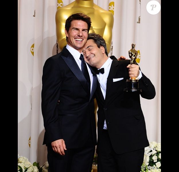 Tom Cruise et Thomas Langmann dans la salle de presse des Oscars le 26 février 2012