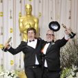 William Joyce et Brandon Oldenburg (meilleur court métrage d'animation) dans la salle de presse des Oscars le 26 février 2012