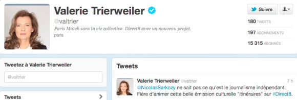 La réponse de Valérie Trierweiler à Nicolas Sarkozy sur Twitter, le 27 février 2012.