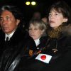 Kenzo Takada et Jane Birkin lors d'une cérémonie de recueillement pour le premier anniversaire du tsunami japonais de Fukushima. Paris, le 11 mars 2012.