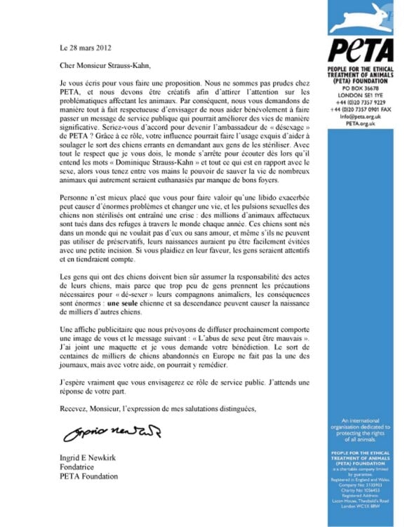 Lettre de la fondatrice de la PeTA Ingrid E. Newkirk à Dominique Strauss-Kahn, envoyée le 28 mars 2012.