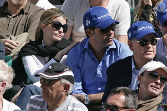 Athina Onassis et son mari Doda (Alvaro de Miranda Neto) lors de la demi-finale Djokovic-Berdych au Rolex Masters 1000 de Monte-Carlo, à Roquebrune-Cap-Martin, le 21 avril 2012.