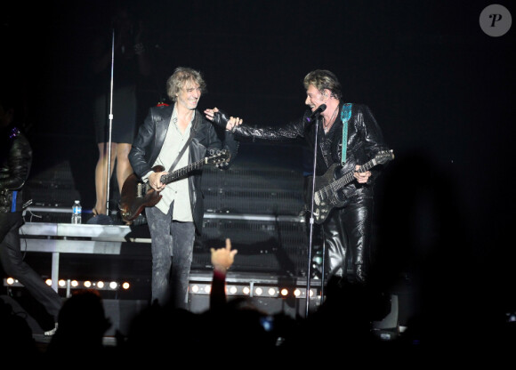 Johnny Hallyday et Louis Bertignac en concert à Montpellier, le 14 mai 2012.