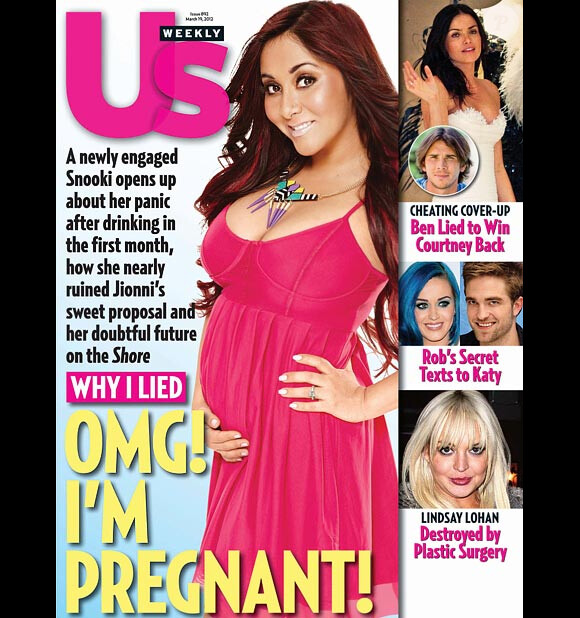 Couverture de Us Weekly avec Snooki qui dévoile son ventre rond, mars 2012.