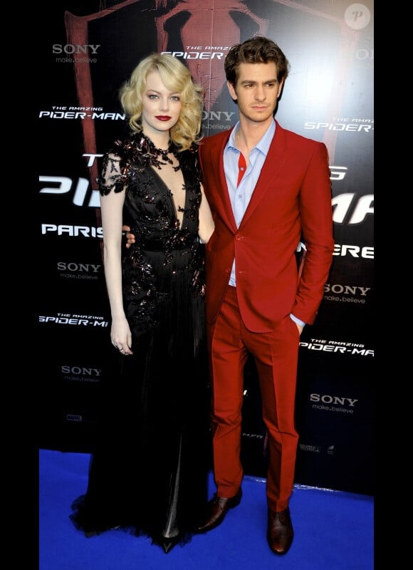 Emma Stone et Andrew Garfield lors de l'avant-première de The Amazing Spider-Man à Paris, le 20 juin 2012.