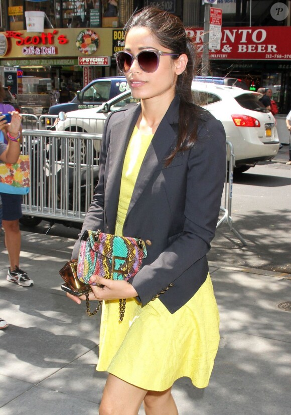 Freida Pinto arbore son joli petit sac reptile Roger Vivier, accessoire d'une tenue déjà très colorée. New York, le 11 juillet 2012.