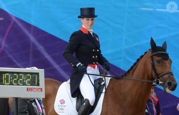 Zara Phillips sur High Kingdom dimanche 29 juillet 2012 à Greenwich Park lors de l'épreuve de dressage du concours complet aux Jeux olympiques de Londres.