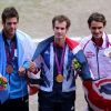 Andy Murray, Roger Federer et Juan Martin Del Potro durant la cérémonie protocolaire aux Jeux olympiques de Londres le 5 août 2012