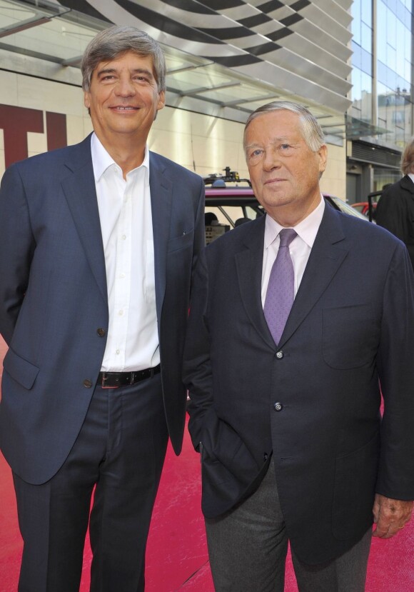 Jacques Esnous et Alain Duhamel lors de la conférence de rentrée de RTL à Paris le 6 septembre 2012