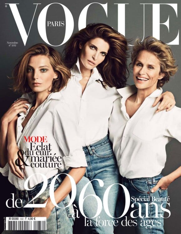 Daria Werbowy, Stephanie Seymour et Lauren Hutton, trois générations en jean et chemise blanche photographiées par Inez et Vinoodh pour le numéro de novembre 2012 de Vogue Paris.
