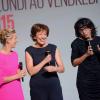 Laurence Ferrari, Roselyne Bachelot et Audrey Pulvar lors de la conférence de presse de D8 à Paris, le 20 septembre 2012.