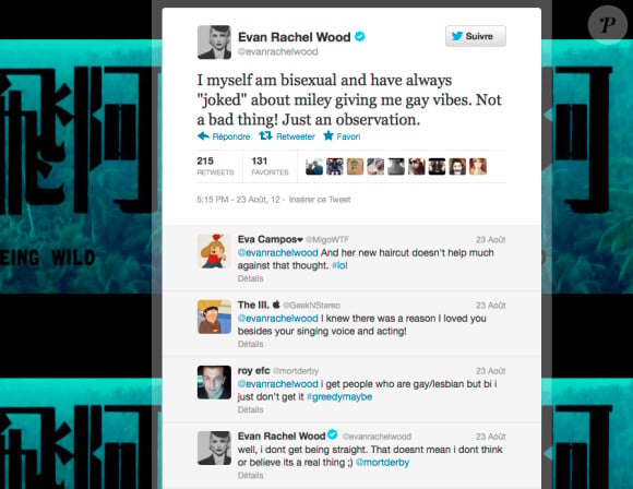 Evan Rachel Wood avait affirmé sa bisexualité sur Twitter le 23 août 2012.