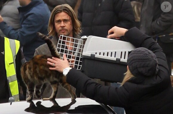 Brad Pitt ensanglanté sur le tournage de World War Z, à Londres le 15 novembre 2012