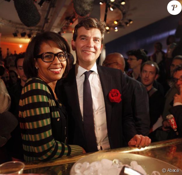 Audrey Pulvar aux côtés d' Arnaud Montebourg en octobre 2011 pour célébrer la troisième place de son compagnon lors des primaires socialistes.