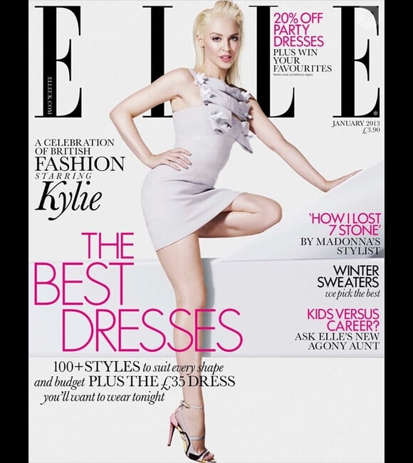 Kylie Minogue, habillée d'une robe Christopher Kane et photographiée par Cuneyt Akeroglu, pose en couverture du numéro de janvier 2013 de Elle UK.
